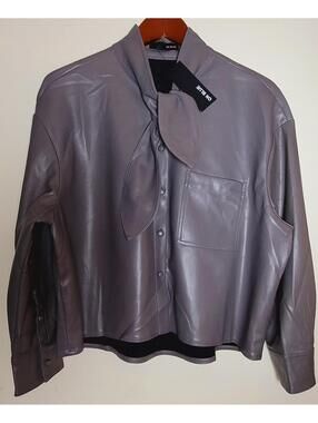 On BLUE Gray Faux Leather Tie-Neck Button Front Jacket size L